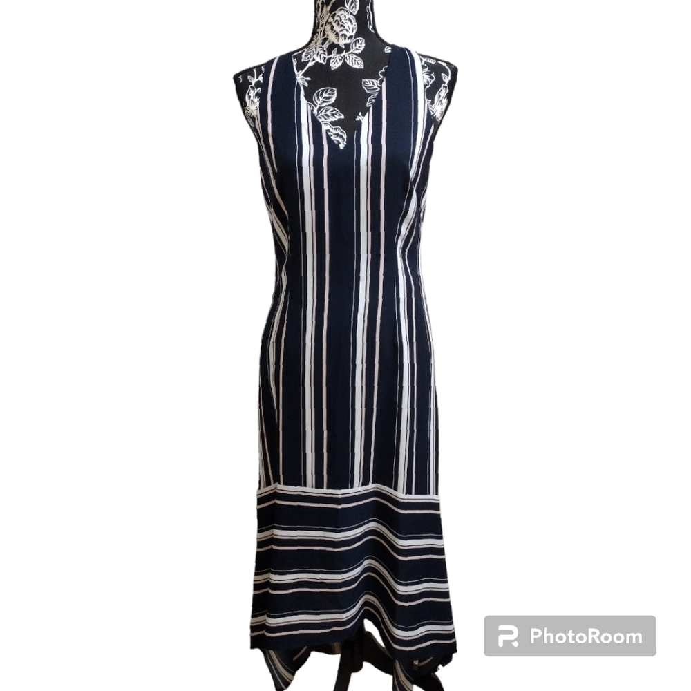 Vince Camuto dress Handkerchief Hem Stripe Crepe Dress In Navy/ Multi.